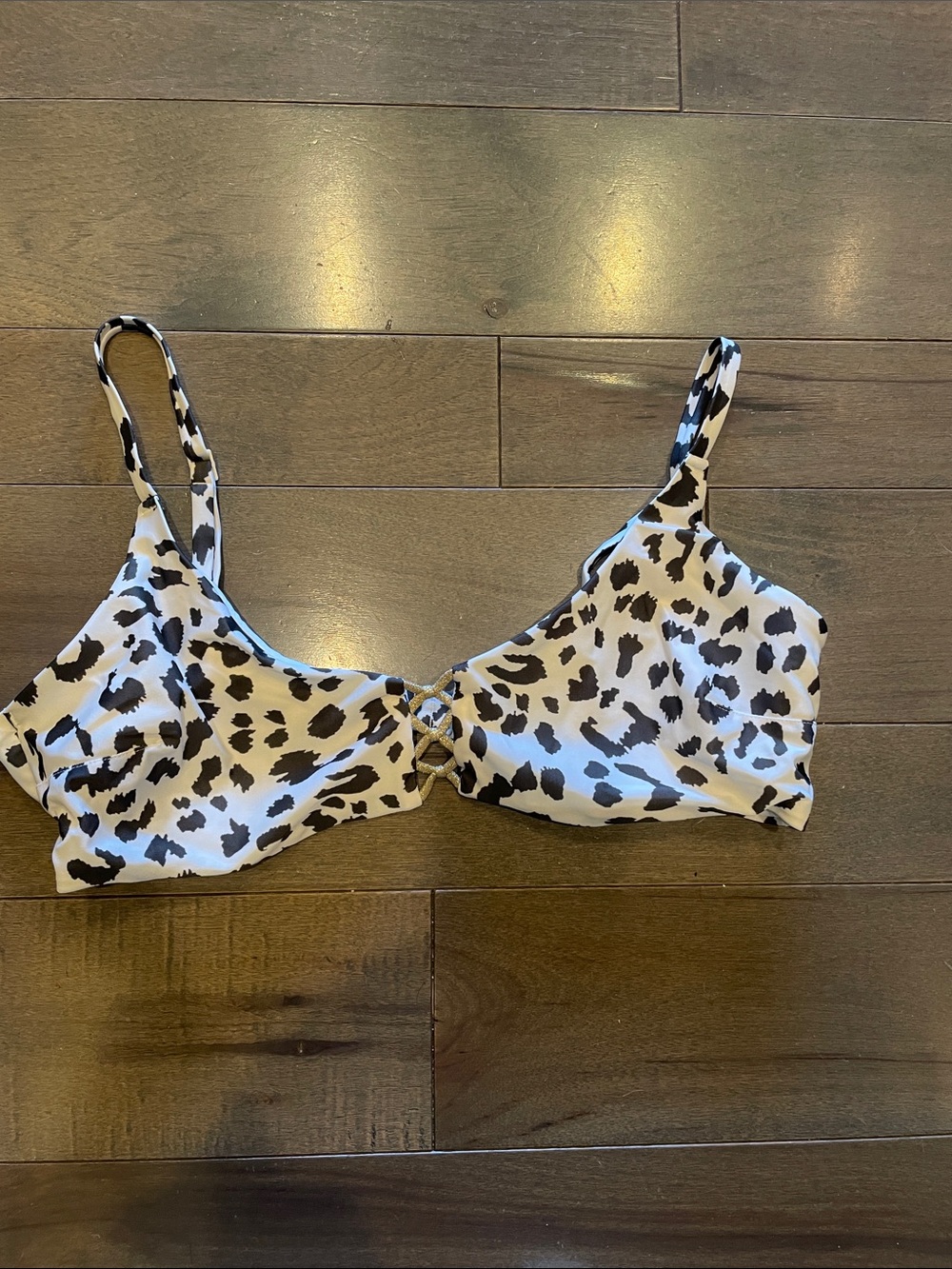aerie Black and White Leopard Print Bikini Top with Center Ring